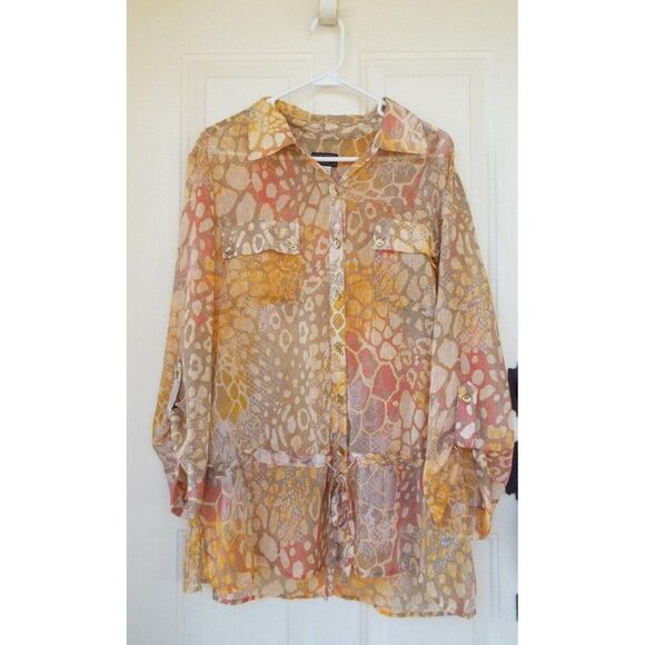 Lark Lane Orange Sheer Geometric Button Down Roll Tab Sleeve Shirt 12 - Picture 2 of 7